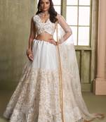 OFF WHITE NET FABRIC LAHENGA CHOLI WITH SEQUINS AND THREAD EMBROIDERY WORK