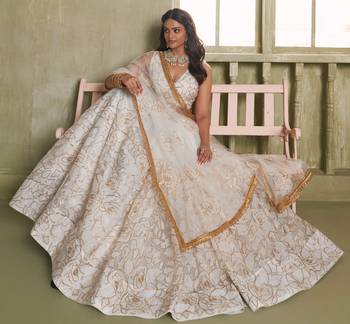 OFF WHITE NET FABRIC LAHENGA CHOLI WITH SEQUINS AND THREAD EMBROIDERY WORK 3