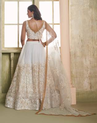 OFF WHITE NET FABRIC LAHENGA CHOLI WITH SEQUINS AND THREAD EMBROIDERY WORK 6