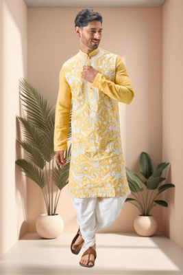 Yellow art silk embroidery dhoti kurta set 1