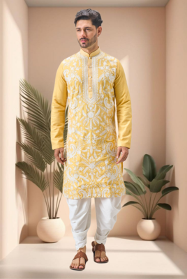 Yellow art silk embroidery dhoti kurta set 2