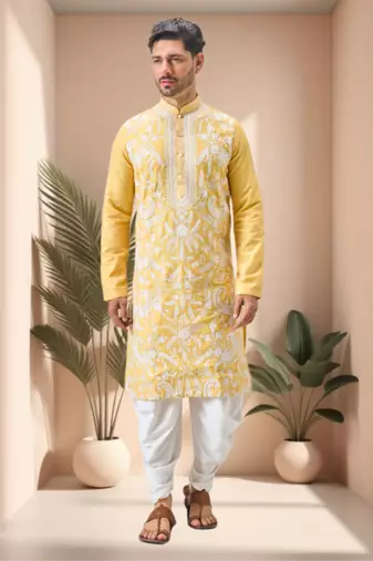 Yellow art silk embroidery dhoti kurta set