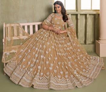 BEIGE NET FABRIC LAHENGA CHOLI WITH SEQUINS AND THREAD EMBROIDERY WORK 3