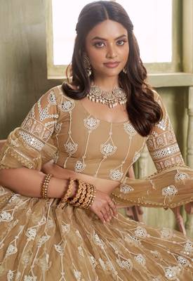 BEIGE NET FABRIC LAHENGA CHOLI WITH SEQUINS AND THREAD EMBROIDERY WORK 4