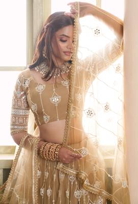BEIGE NET FABRIC LAHENGA CHOLI WITH SEQUINS AND THREAD EMBROIDERY WORK 5