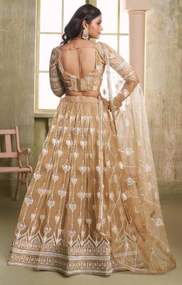 BEIGE NET FABRIC LAHENGA CHOLI WITH SEQUINS AND THREAD EMBROIDERY WORK 6