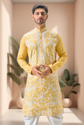Yellow art silk embroidery dhoti kurta set 3