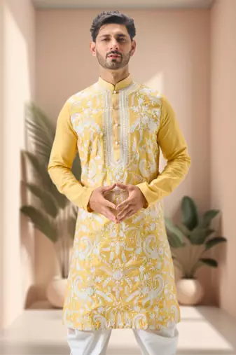 Yellow art silk embroidery dhoti kurta set