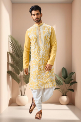 Yellow art silk embroidery dhoti kurta set 5