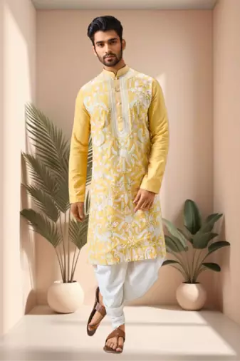 Yellow art silk embroidery dhoti kurta set