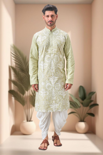 Pista art silk embroidery dhoti kurta set