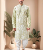 Pista art silk embroidery dhoti kurta set