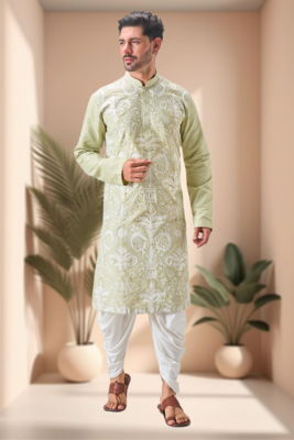 Pista art silk embroidery dhoti kurta set 2