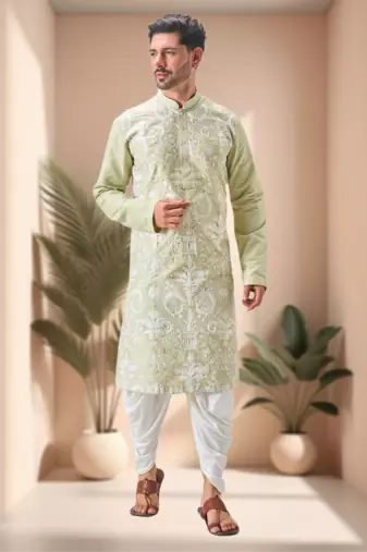 Pista art silk embroidery dhoti kurta set