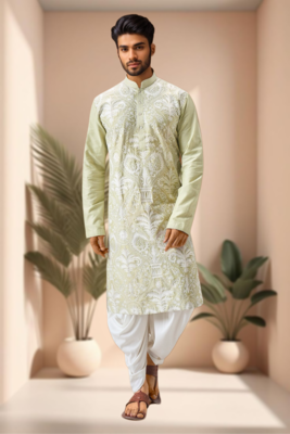 Pista art silk embroidery dhoti kurta set 3