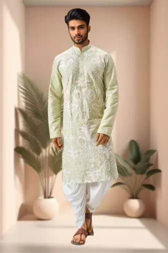 Pista art silk embroidery dhoti kurta set