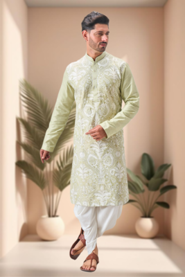 Pista art silk embroidery dhoti kurta set 4