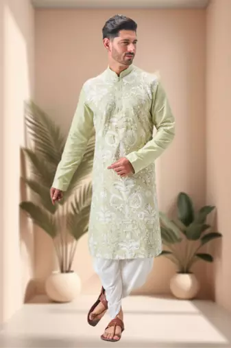 Pista art silk embroidery dhoti kurta set