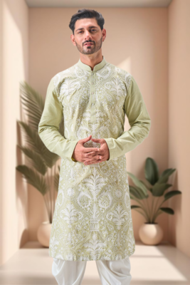 Pista art silk embroidery dhoti kurta set 5