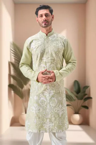 Pista art silk embroidery dhoti kurta set