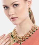 matte gold-plated south indian temple lord ganesha pearl kempu gemstone-studded jewelry set