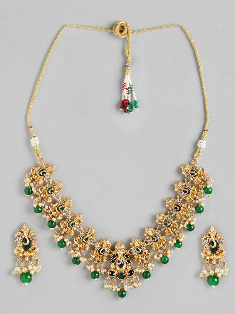 matte gold-plated south indian temple lord ganesha pearl kempu gemstone-studded jewelry set