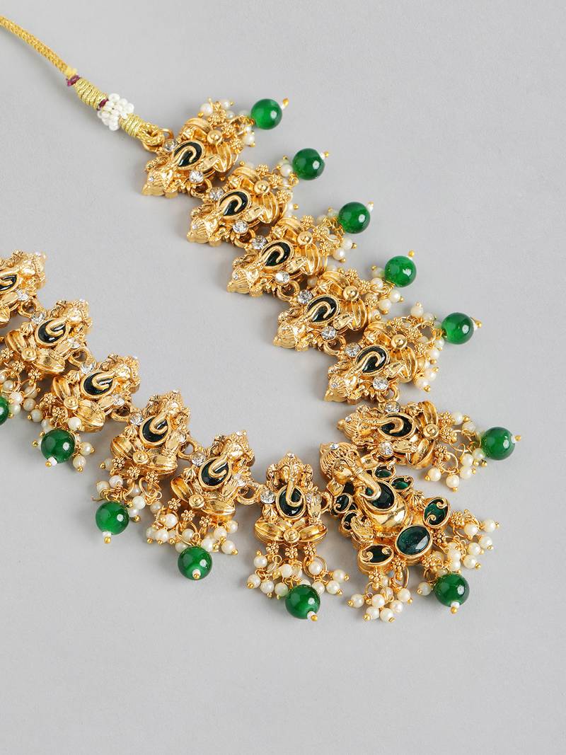 matte gold-plated south indian temple lord ganesha pearl kempu gemstone-studded jewelry set