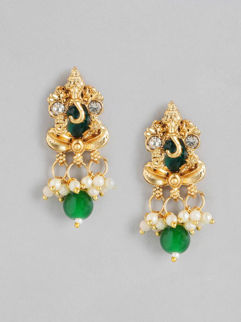 matte gold-plated south indian temple lord ganesha pearl kempu gemstone-studded jewelry set