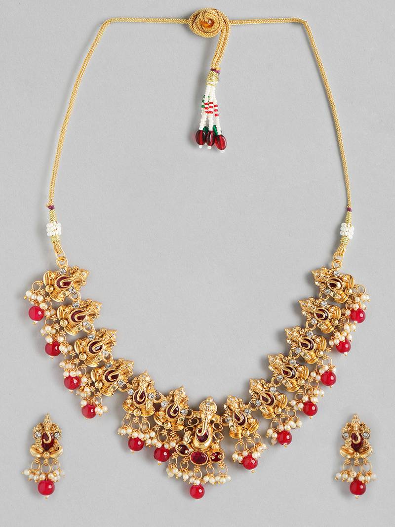matte gold-plated south indian temple lord ganesha pearl kempu gemstone-studded jewelry set