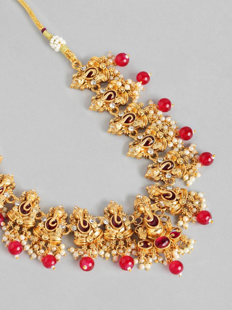 matte gold-plated south indian temple lord ganesha pearl kempu gemstone-studded jewelry set