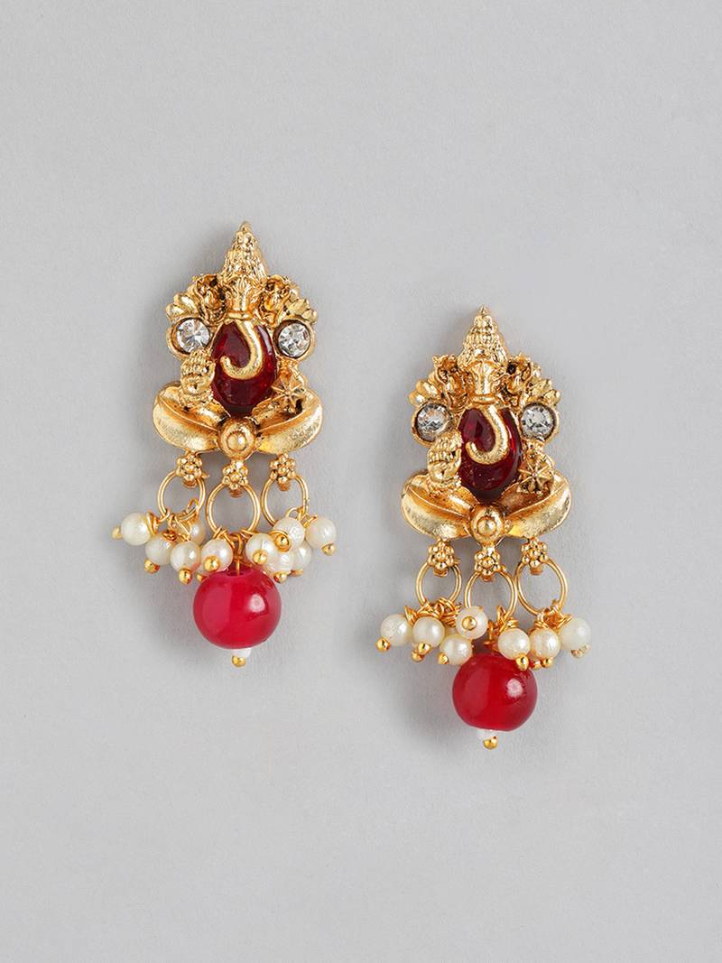 matte gold-plated south indian temple lord ganesha pearl kempu gemstone-studded jewelry set
