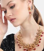 matte gold-plated south indian temple lord ganesha pearl kempu gemstone-studded jewelry set