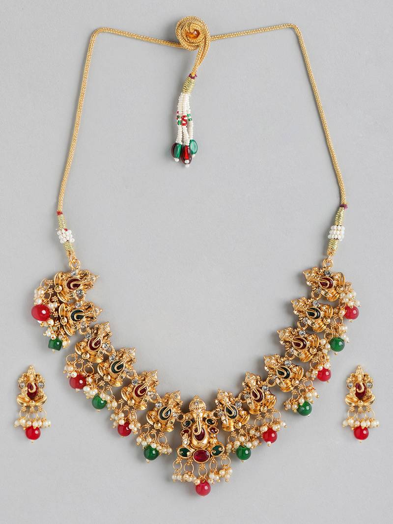 matte gold-plated south indian temple lord ganesha pearl kempu gemstone-studded jewelry set