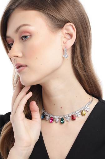 Multi Color American Diamond Crystal Stone Work Choker Jewelry Set For Women