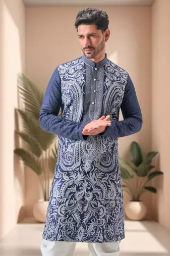 Blue art silk embroidery dhoti kurta set