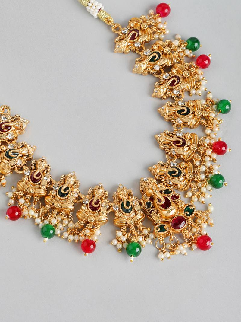 matte gold-plated south indian temple lord ganesha pearl kempu gemstone-studded jewelry set