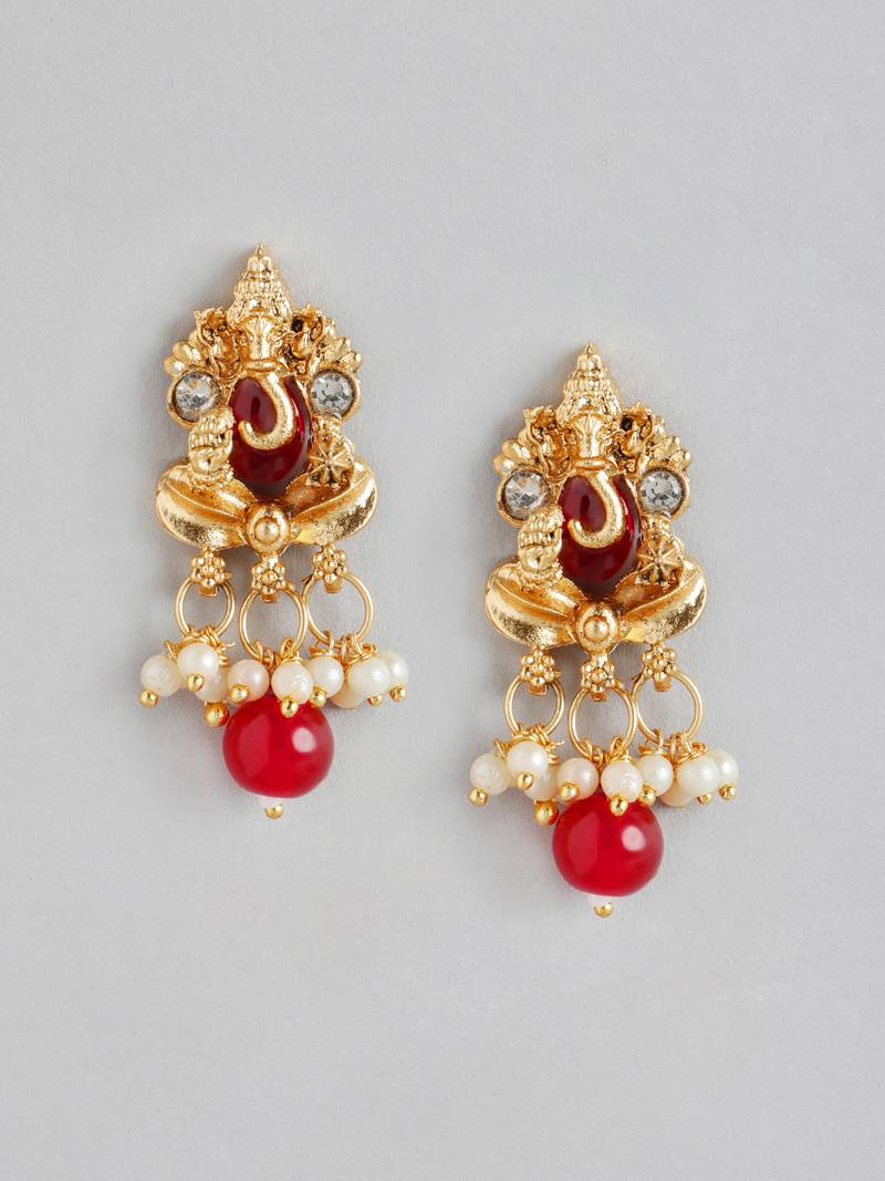 matte gold-plated south indian temple lord ganesha pearl kempu gemstone-studded jewelry set
