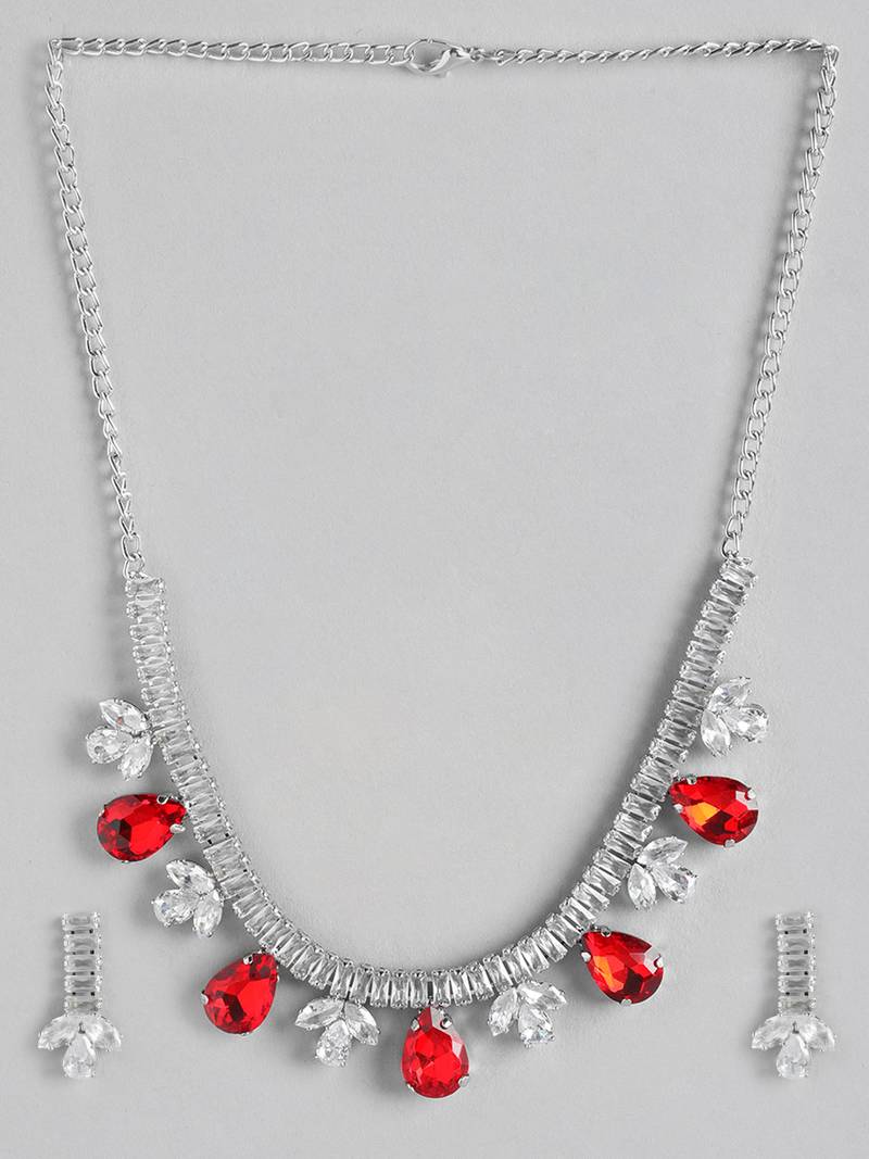 Red Color American Diamond Crystal Stone Work Choker Jewelry Set For Women