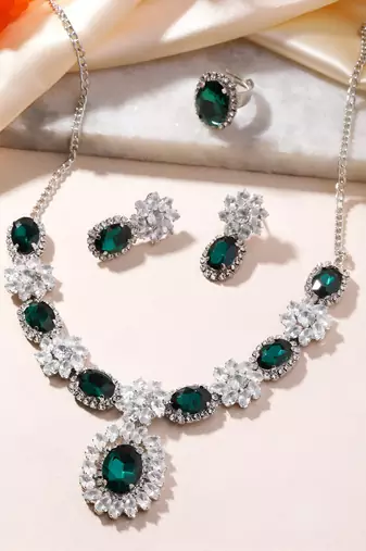 Green Color American Diamond Crystal Stone Work Long Jewelry Set For Women
