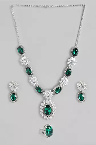 Green Color American Diamond Crystal Stone Work Long Jewelry Set For Women
