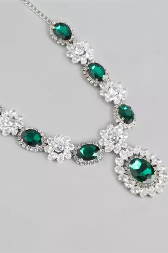 Green Color American Diamond Crystal Stone Work Long Jewelry Set For Women