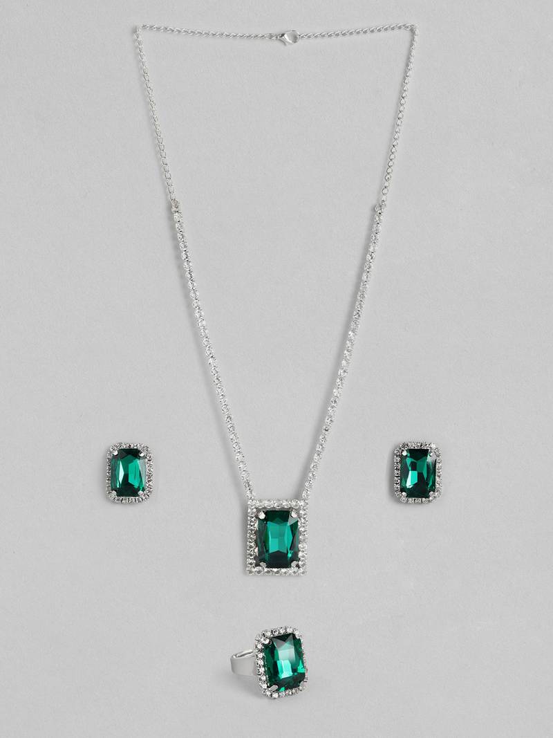 Green Color American Diamond Crystal Stone Work Long Jewelry Set For Women