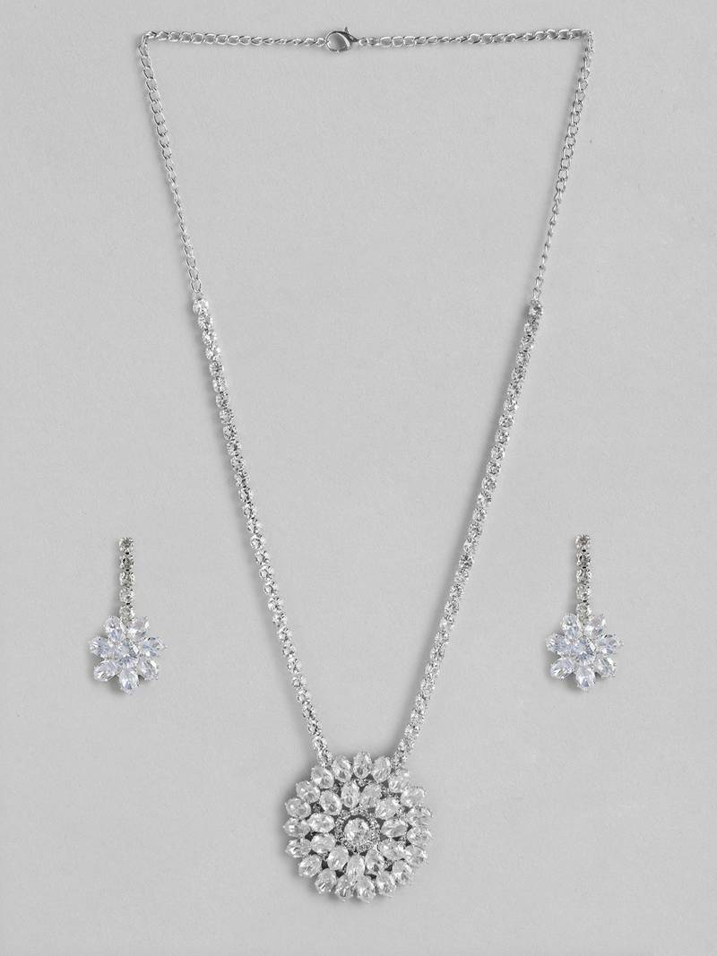 White Color American Diamond Crystal Stone Work Long Jewelry Set For Women
