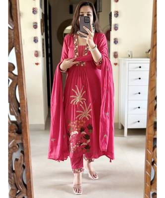 Pink embroidered cotton kurta pant with dupatta 1