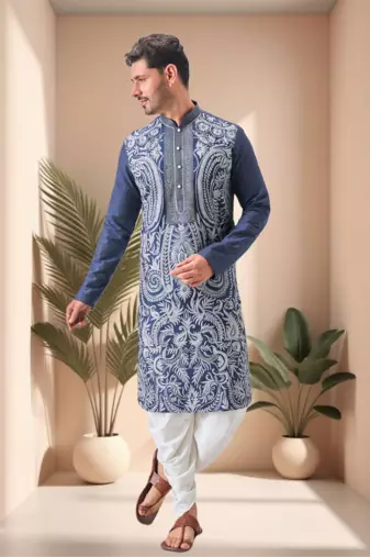 Blue art silk embroidery dhoti kurta set