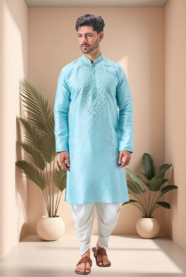 Sky blue mirror work art silk dhoti kurta 1