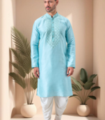 Sky blue mirror work art silk dhoti kurta