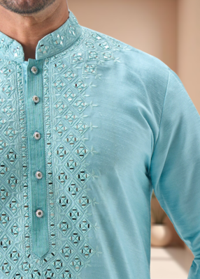 Sky blue mirror work art silk dhoti kurta 2