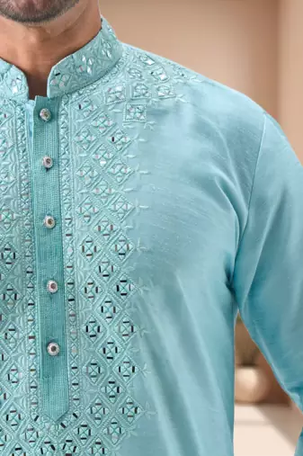 Sky blue mirror work art silk dhoti kurta