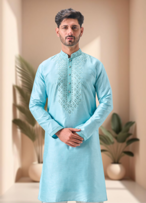 Sky blue mirror work art silk dhoti kurta 3